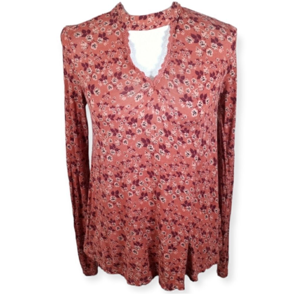 XHILARATION PINK & BURGUNDY FLORAL BOHO-INSPIRED TOP SZ.S EUC